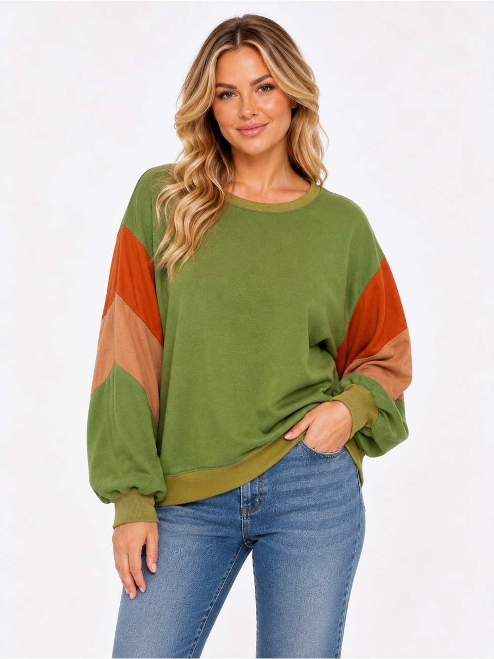 NWT Easel Size Large Olive Colorblock Pullover Sweatshirt - Women's Casual Top